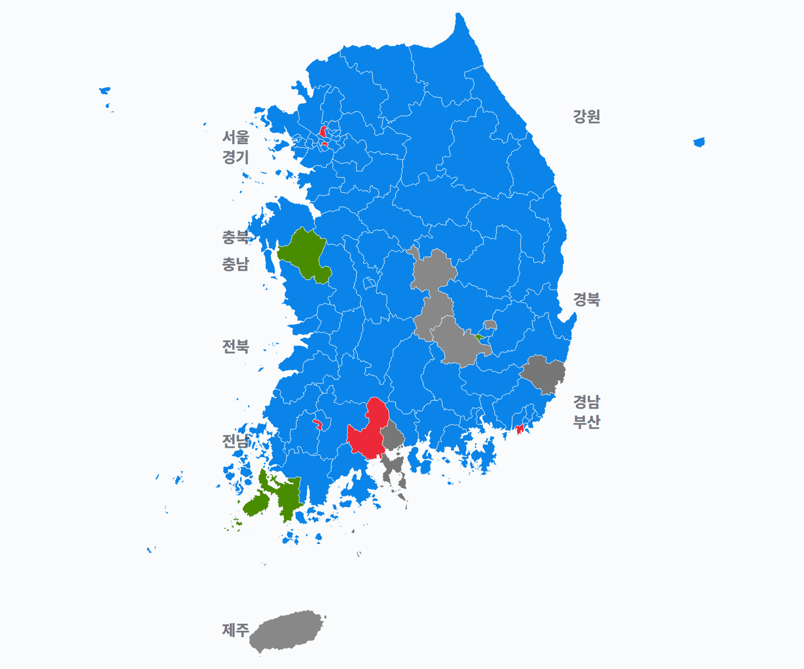 11대 총선 지역구 선거구별 1위 · 지도 — 선거구마다 당선자 정당색(승자독식). 균등=등면적 hex · 지도=실제 경계.