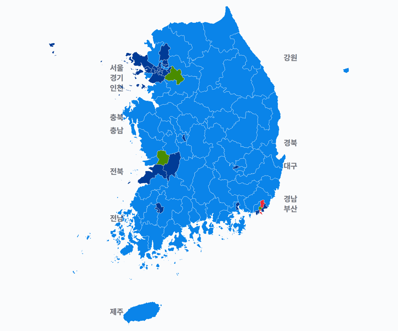 12대 총선 지역구 선거구별 1위 · 지도 — 선거구마다 당선자 정당색(승자독식). 균등=등면적 hex · 지도=실제 경계.