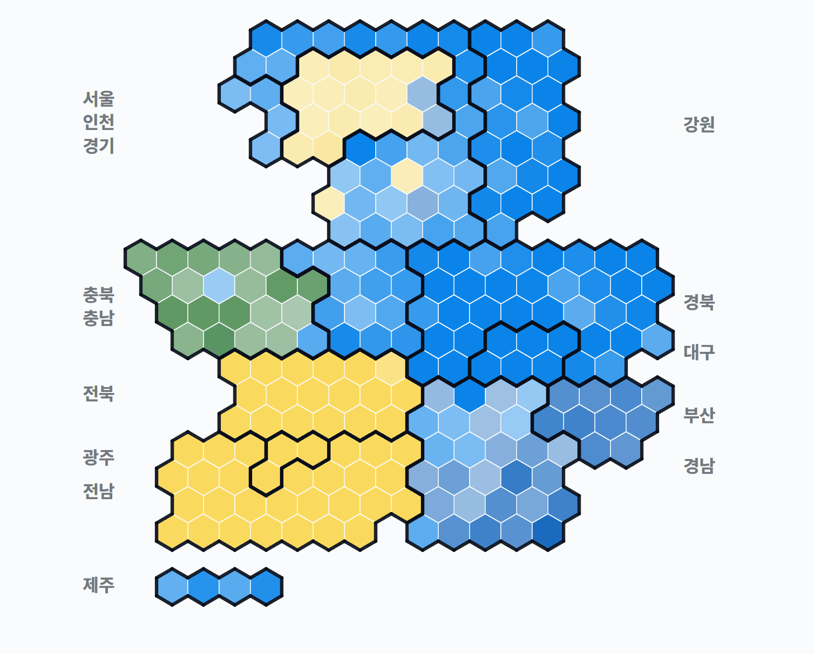 제13대 대통령선거 시·군·구 1위 후보 · 단색 — 1위 후보 정당색. 단색·지도=격차 명도, 격자·원형=표(인구) 비례.