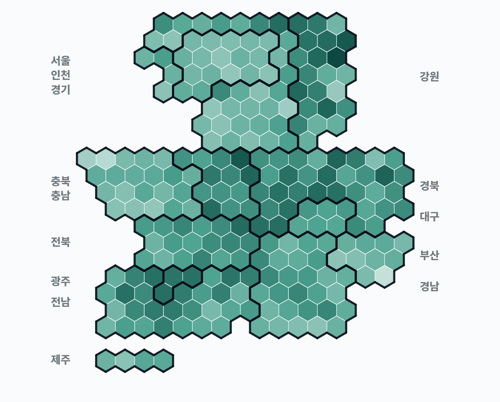 13대 대선 시군구 투표율 — 시·군·구별 투표율(투표수/선거인수) — 짙을수록 높음. 균등=등면적 hex · 지도=실제 경계.