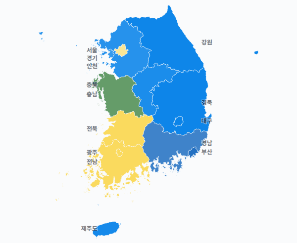 13대 대선 시도별 결과 · 지도 — 각 시·도 1위 후보 — 정당색·득표율.