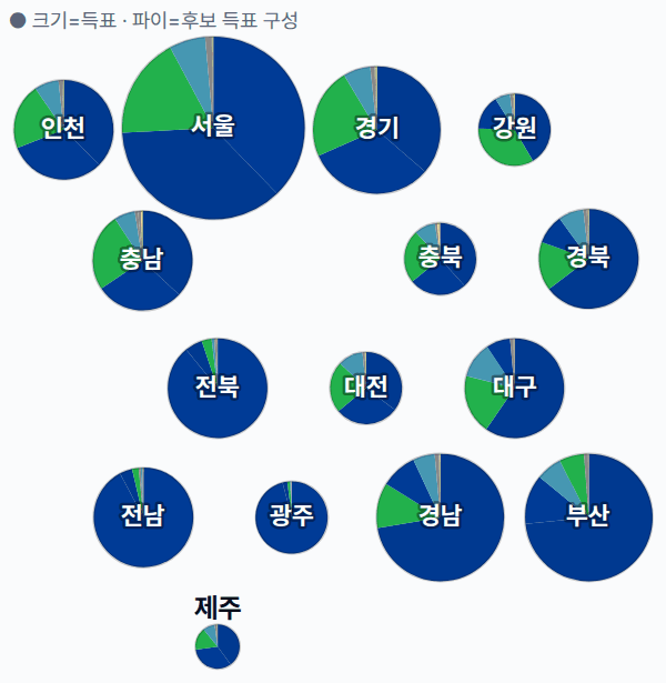 14대 대선 시도별 결과 · 원형 — 각 시·도 1위 후보 — 정당색·득표율.