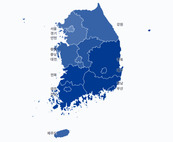 14대 대선 시도별 결과 · 지도 — 각 시·도 1위 후보 — 정당색·득표율.