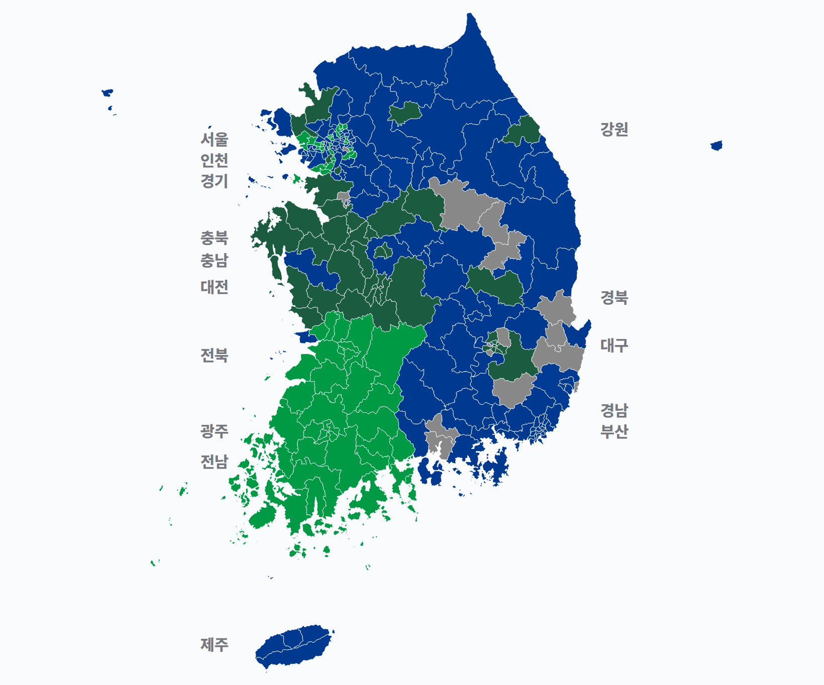 15대 총선 지역구 선거구별 1위 · 지도 — 선거구마다 당선자 정당색(승자독식). 균등=등면적 hex · 지도=실제 경계.