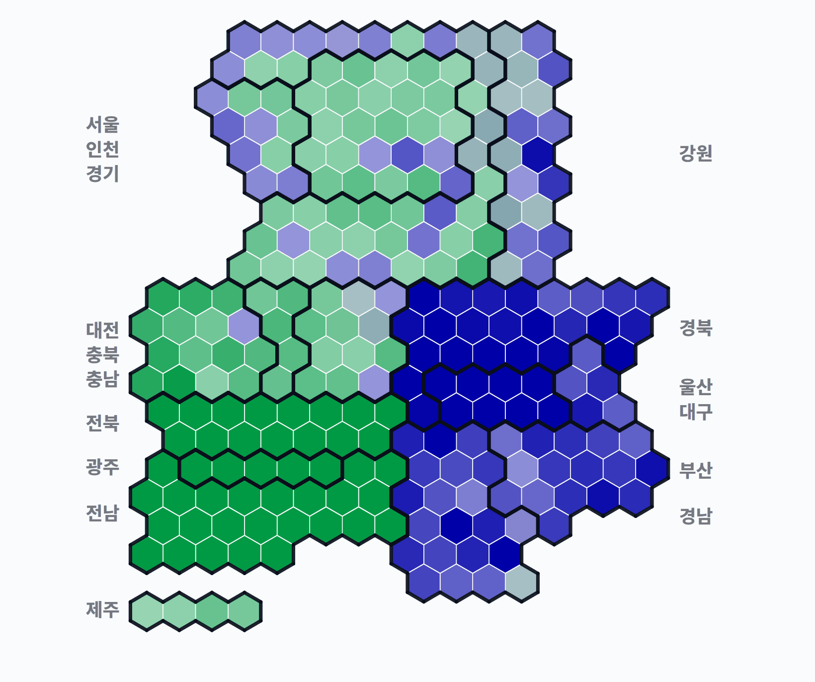 제15대 대통령선거 시·군·구 1위 후보 · 단색 — 1위 후보 정당색. 단색·지도=격차 명도, 격자·원형=표(인구) 비례.