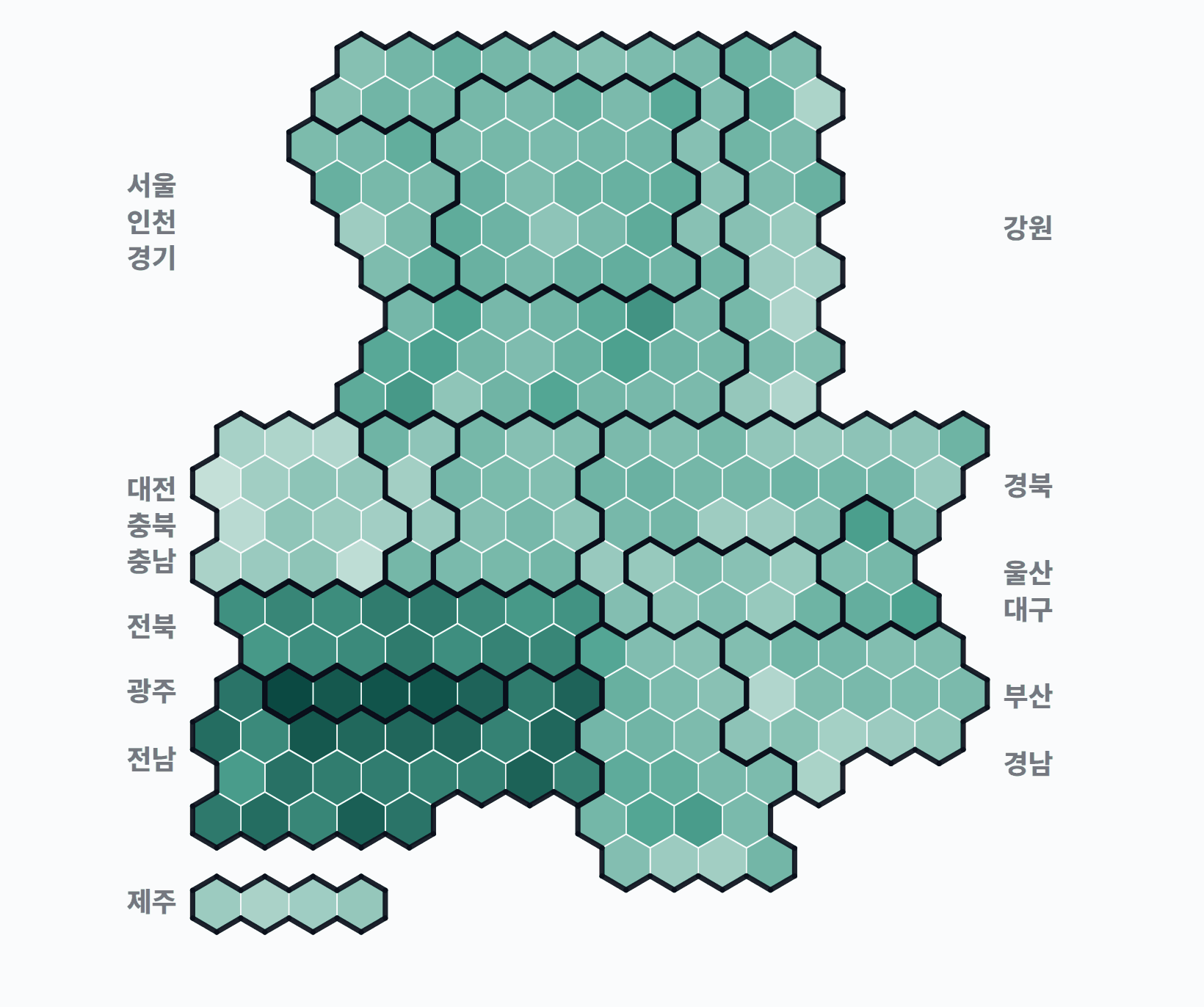 15대 대선 시군구 투표율 · 균등 — 시·군·구별 투표율(투표수/선거인수) — 짙을수록 높음. 균등=등면적 hex · 지도=실제 경계.