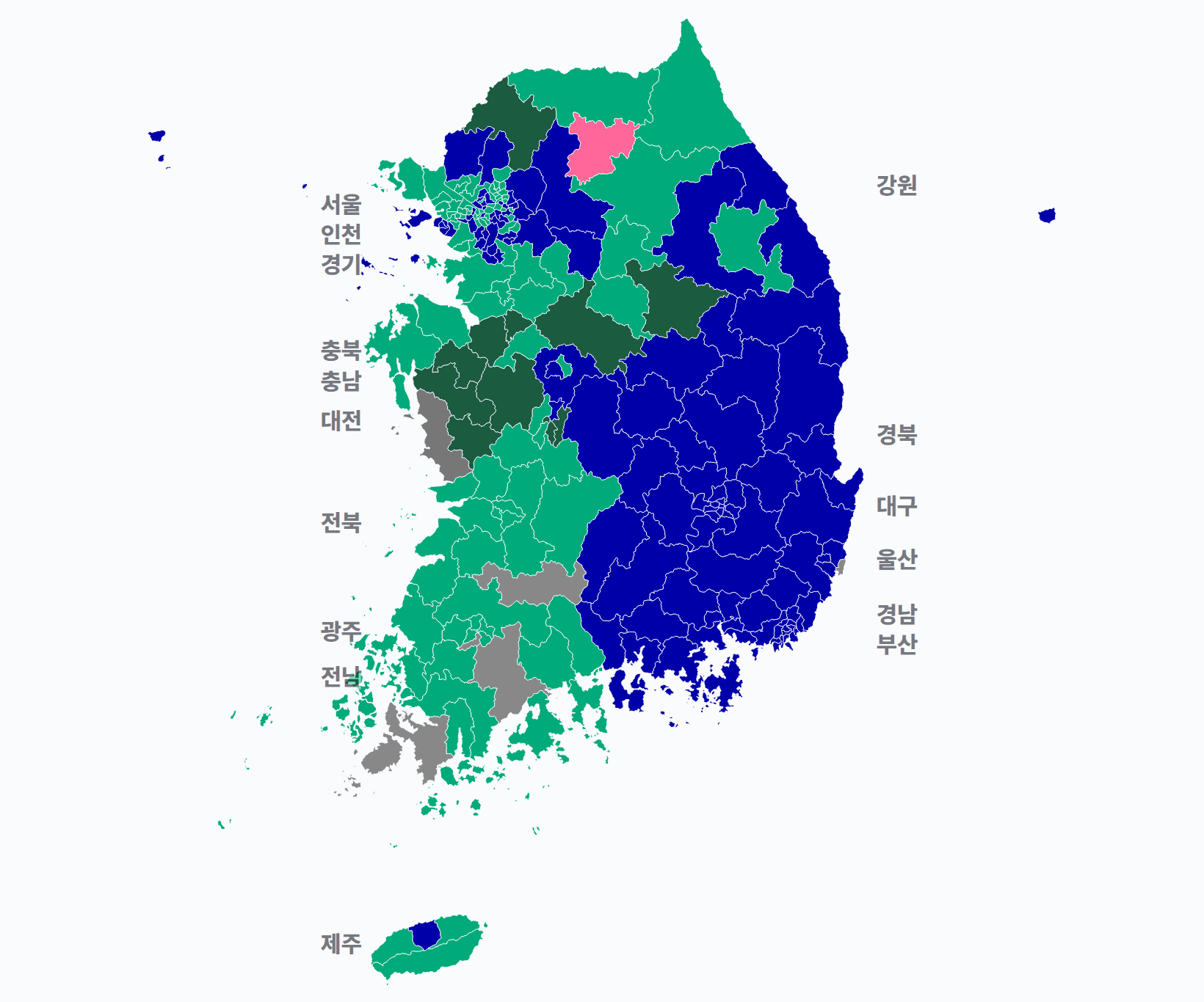 16대 총선 지역구 선거구별 1위 · 지도 — 선거구마다 당선자 정당색(승자독식). 균등=등면적 hex · 지도=실제 경계.