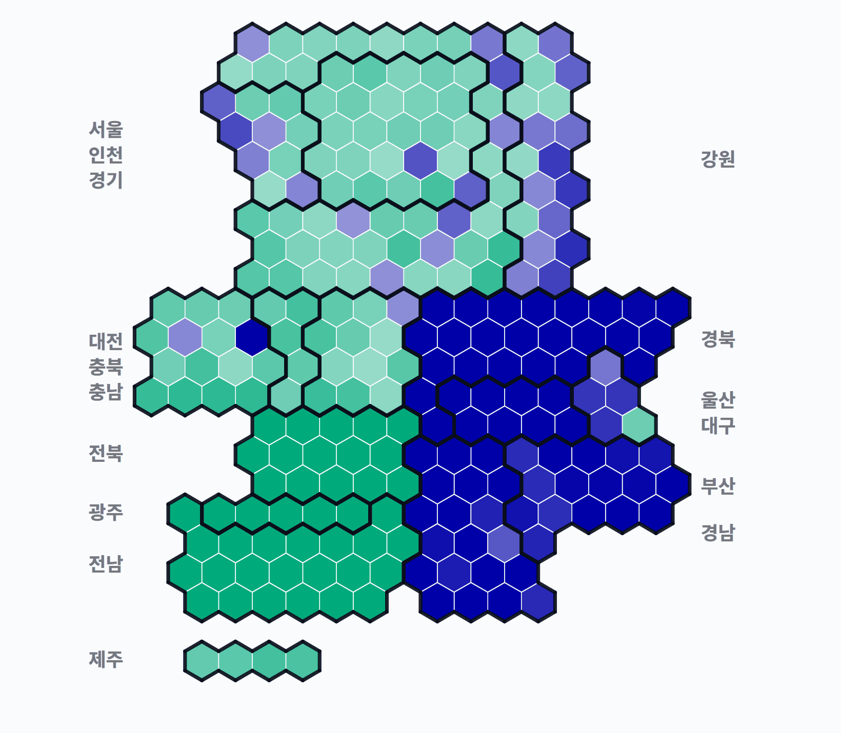 제16대 대통령선거 시·군·구 1위 후보 · 단색 — 1위 후보 정당색. 단색·지도=격차 명도, 격자·원형=표(인구) 비례.