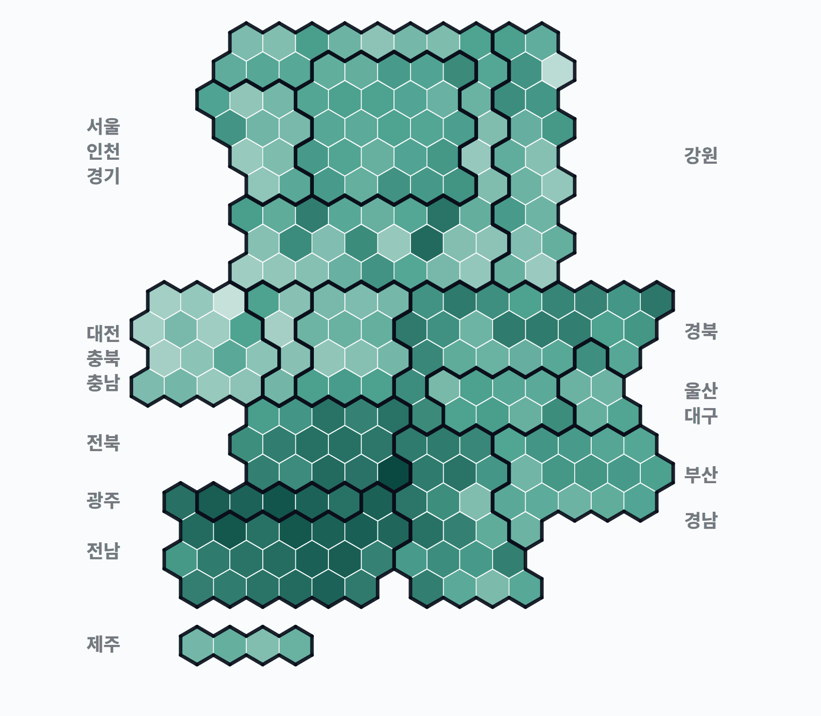 16대 대선 시군구 투표율 · 균등 — 시·군·구별 투표율(투표수/선거인수) — 짙을수록 높음. 균등=등면적 hex · 지도=실제 경계.