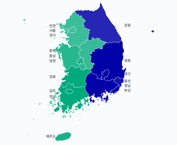 16대 대선 시도별 결과 · 지도 — 각 시·도 1위 후보 — 정당색·득표율.