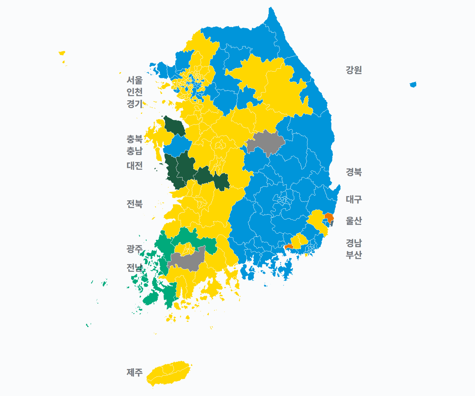17대 총선 지역구 선거구별 1위 · 지도 — 선거구마다 당선자 정당색(승자독식). 균등=등면적 hex · 지도=실제 경계.