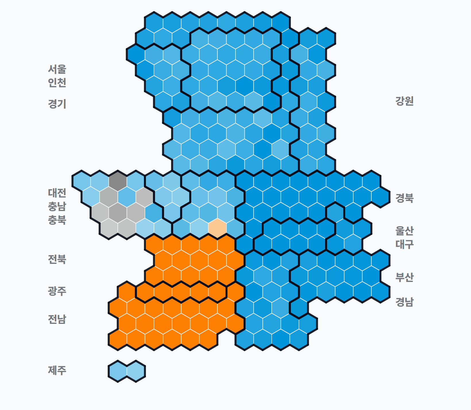 제17대 대통령선거 시·군·구 1위 후보 · 단색 — 1위 후보 정당색. 단색·지도=격차 명도, 격자·원형=표(인구) 비례.