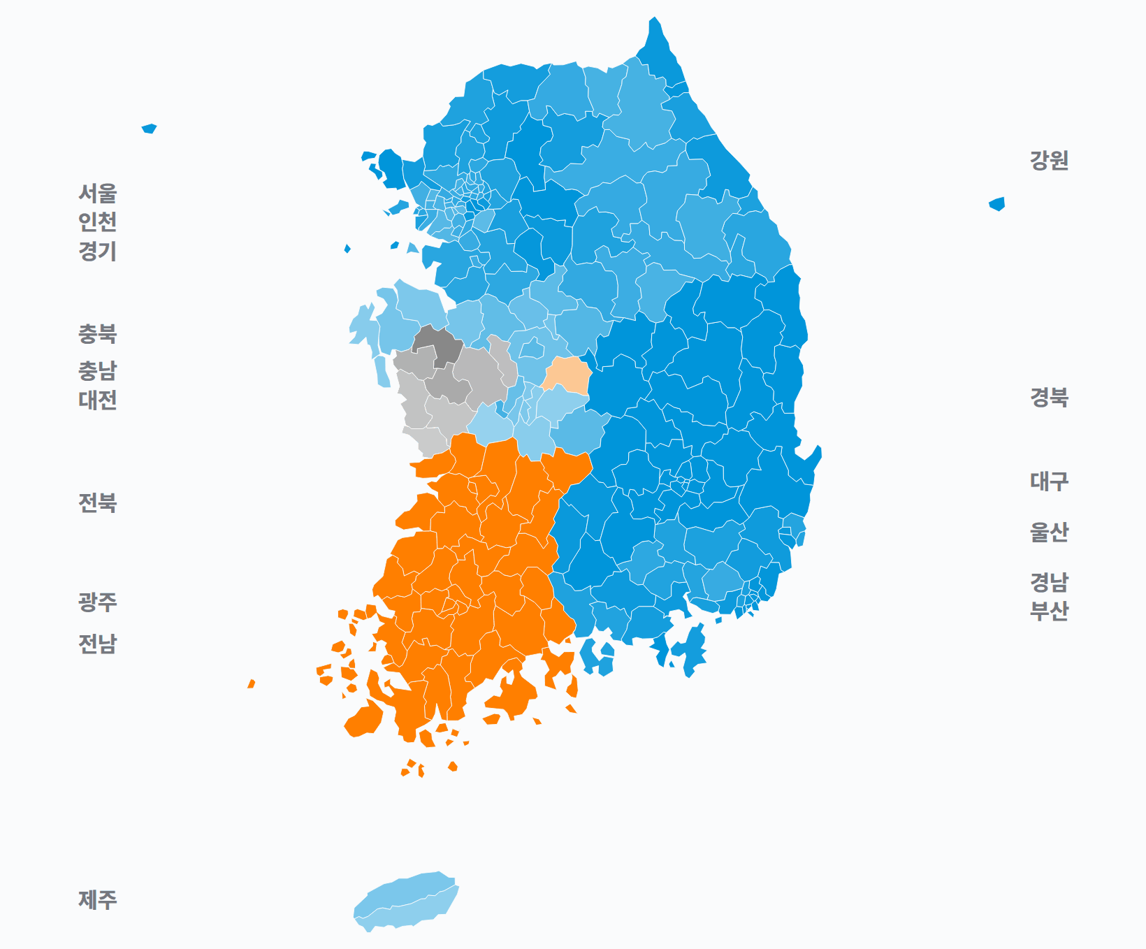 17대 대선 시·군·구 1위 후보 · 지도 — 1위 후보 정당색. 단색·지도=격차 명도, 격자·원형=표(인구) 비례.
