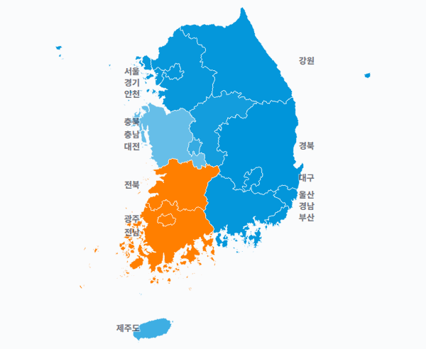 17대 대선 시도별 결과 · 지도 — 각 시·도 1위 후보 — 정당색·득표율.