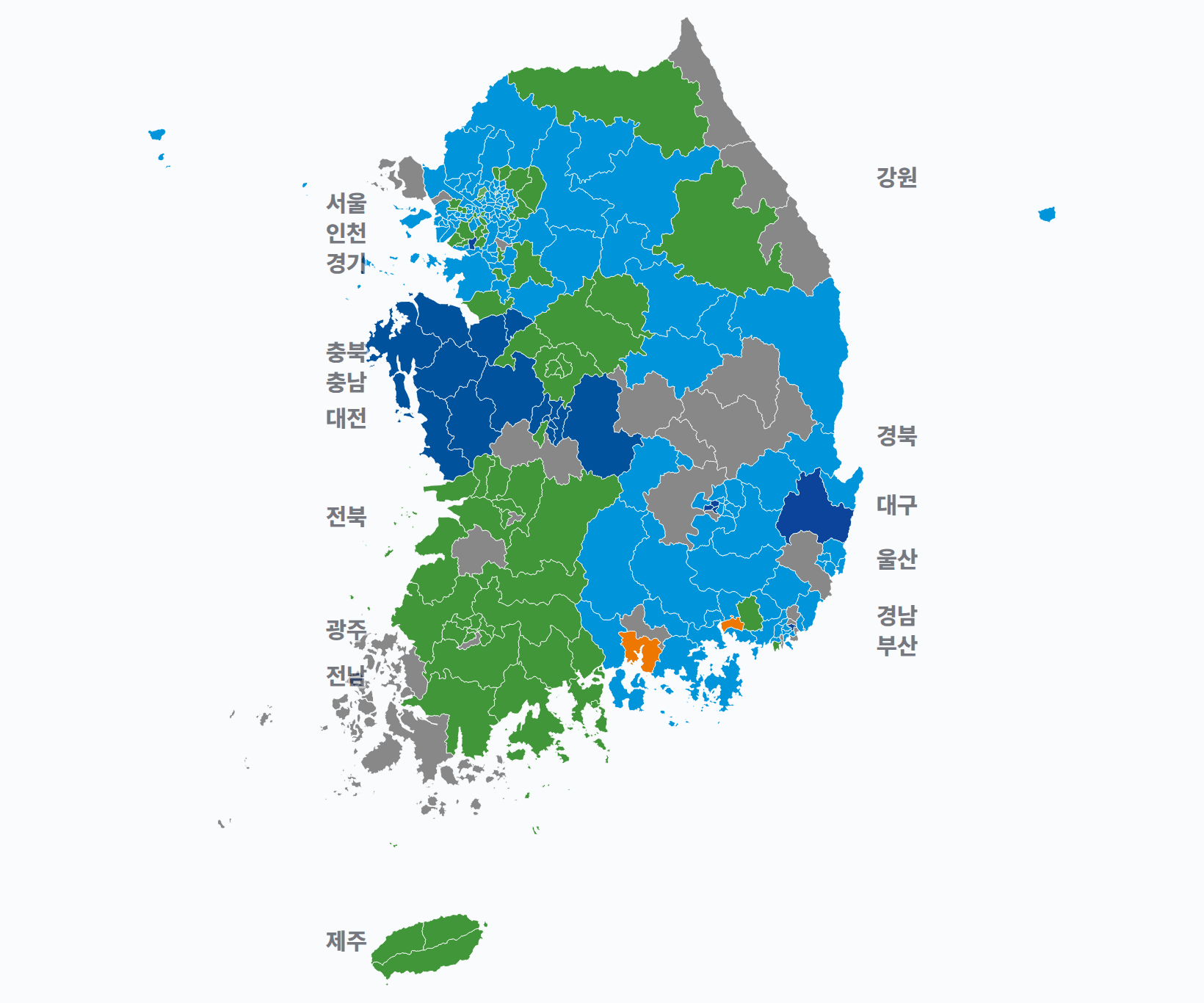 18대 총선 지역구 선거구별 1위 · 지도 — 선거구마다 당선자 정당색(승자독식). 균등=등면적 hex · 지도=실제 경계.