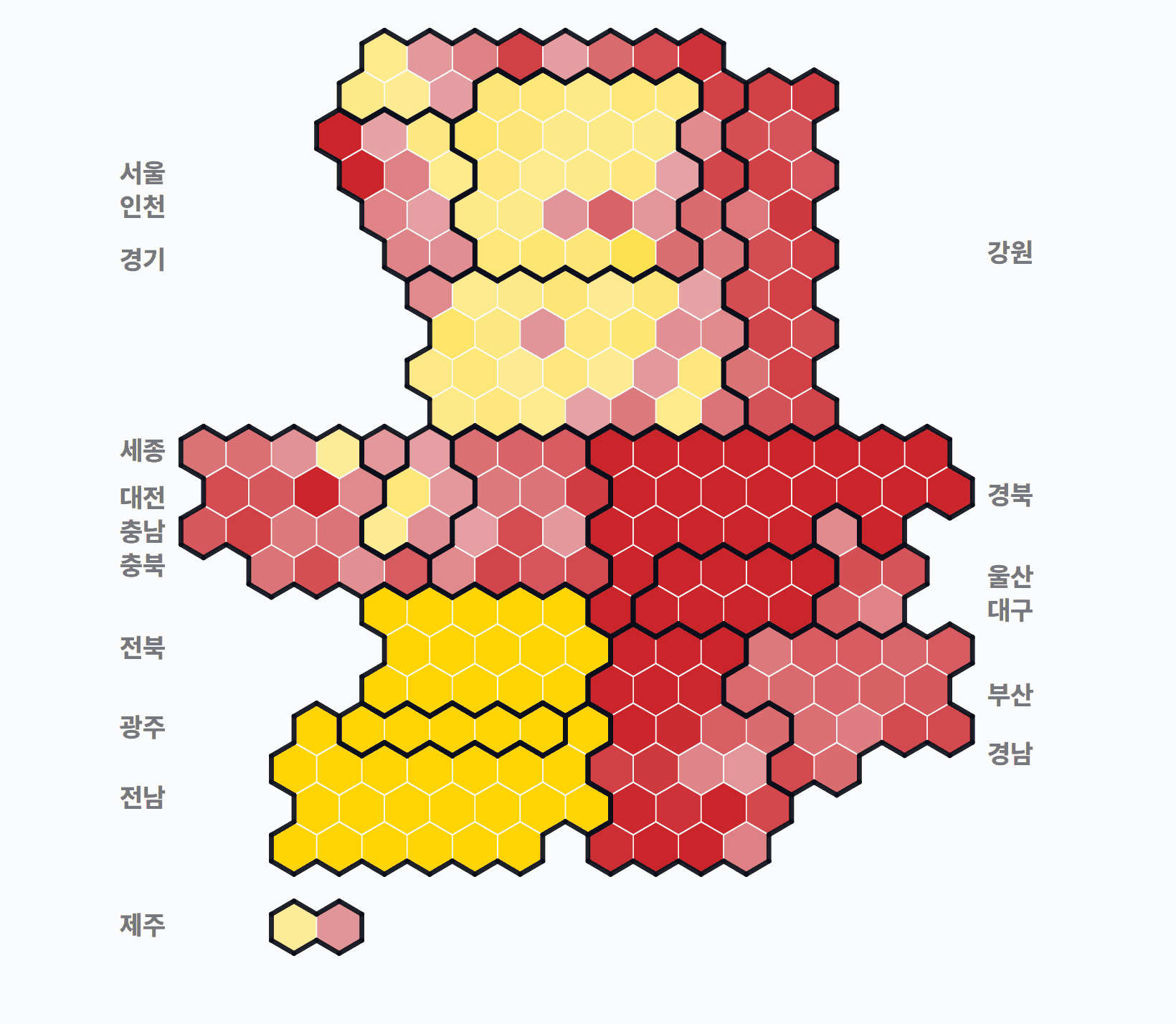 제18대 대통령선거 시·군·구 1위 후보 · 단색 — 1위 후보 정당색. 단색·지도=격차 명도, 격자·원형=표(인구) 비례.