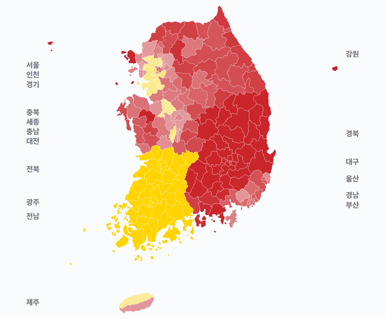 18대 대선 시·군·구 1위 후보 · 지도 — 1위 후보 정당색. 단색·지도=격차 명도, 격자·원형=표(인구) 비례.