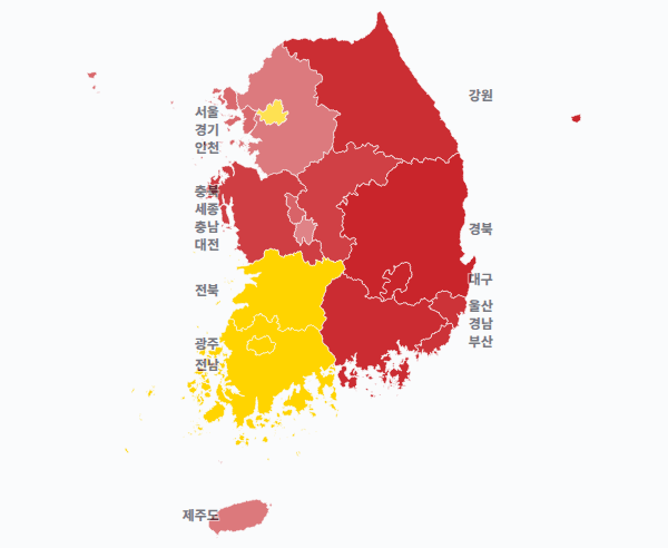 18대 대선 시도별 결과 · 지도 — 각 시·도 1위 후보 — 정당색·득표율.