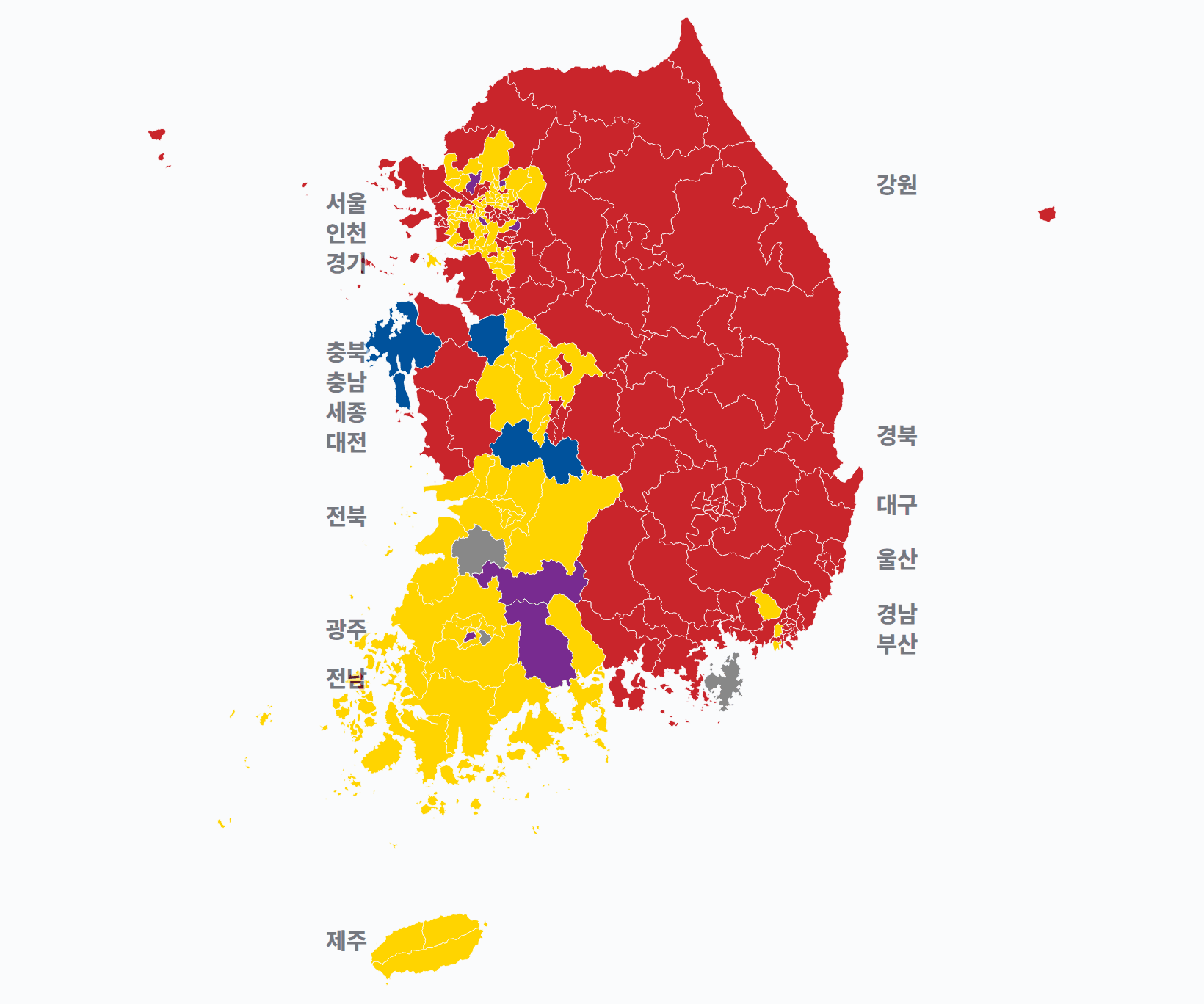 19대 총선 지역구 선거구별 1위 · 지도 — 선거구마다 당선자 정당색(승자독식). 균등=등면적 hex · 지도=실제 경계.