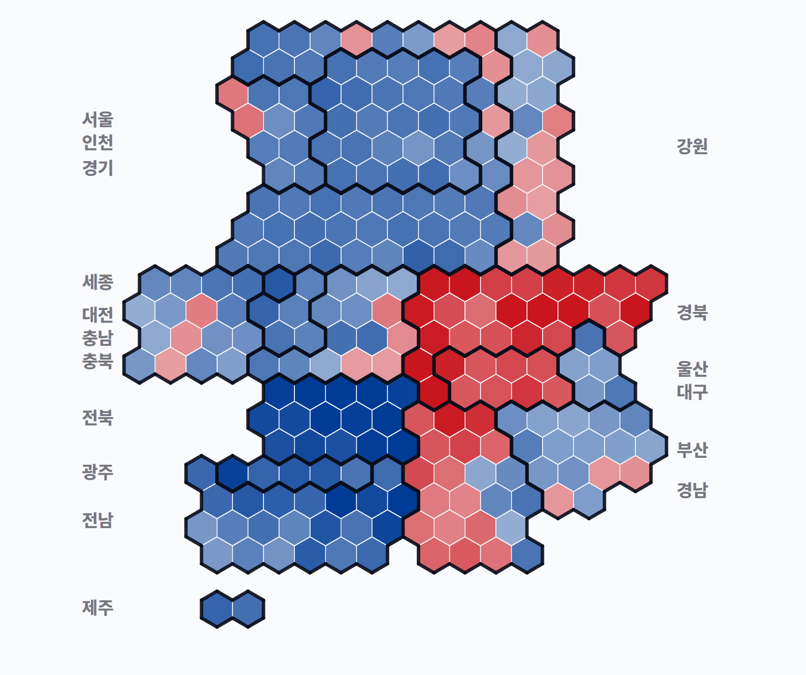 제19대 대통령선거 시·군·구 1위 후보 · 단색 — 1위 후보 정당색. 단색·지도=격차 명도, 격자·원형=표(인구) 비례.