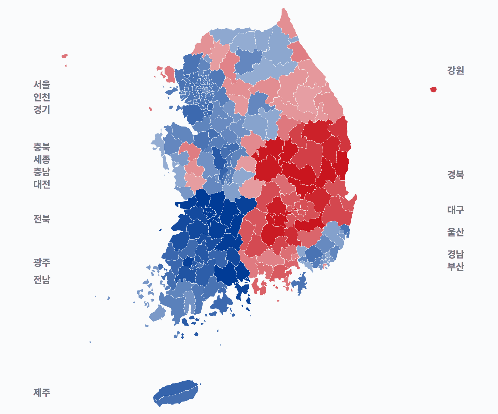 19대 대선 시·군·구 1위 후보 · 지도 — 1위 후보 정당색. 단색·지도=격차 명도, 격자·원형=표(인구) 비례.