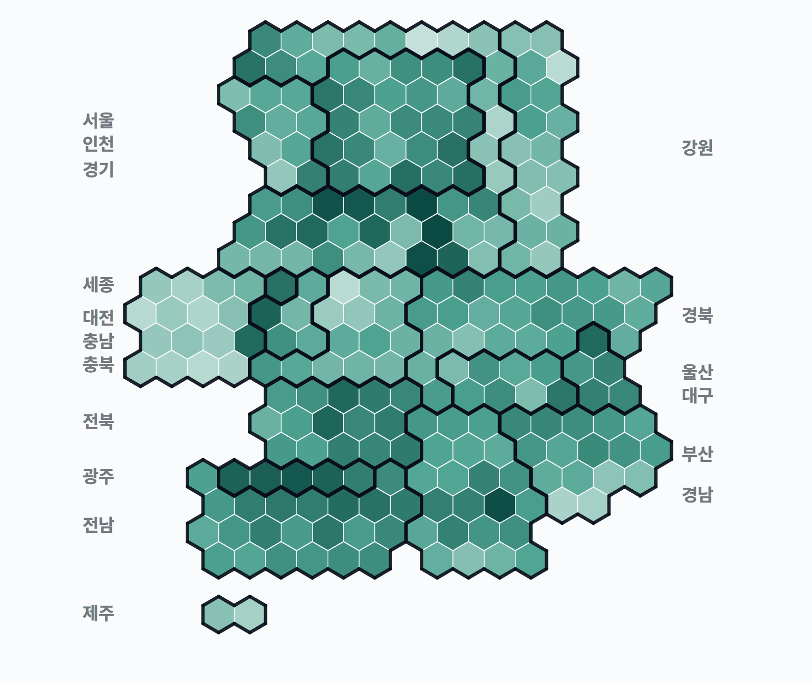 19대 대선 시군구 투표율 · 균등 — 시·군·구별 투표율(투표수/선거인수) — 짙을수록 높음. 균등=등면적 hex · 지도=실제 경계.