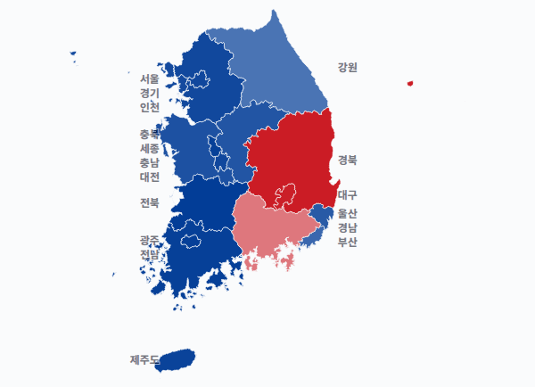 19대 대선 시도별 결과 · 지도 — 각 시·도 1위 후보 — 정당색·득표율.