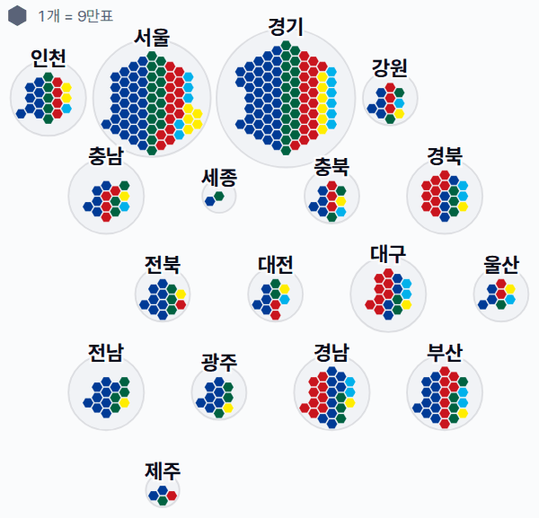 제19대 대통령선거 시도별 결과 · 격자 — 각 시·도 1위 후보 — 정당색·득표율.