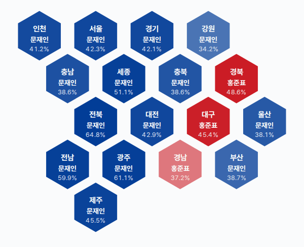 제19대 대통령선거 시도별 결과 · 균등 — 각 시·도 1위 후보 — 정당색·득표율.