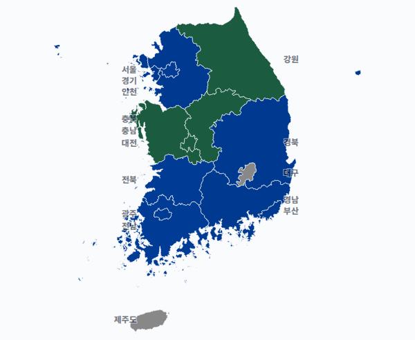 1회 지선 광역단체장 광역단체장 결과 · 지도 — 15개 시·도 — 1위 후보(정당색·득표율).