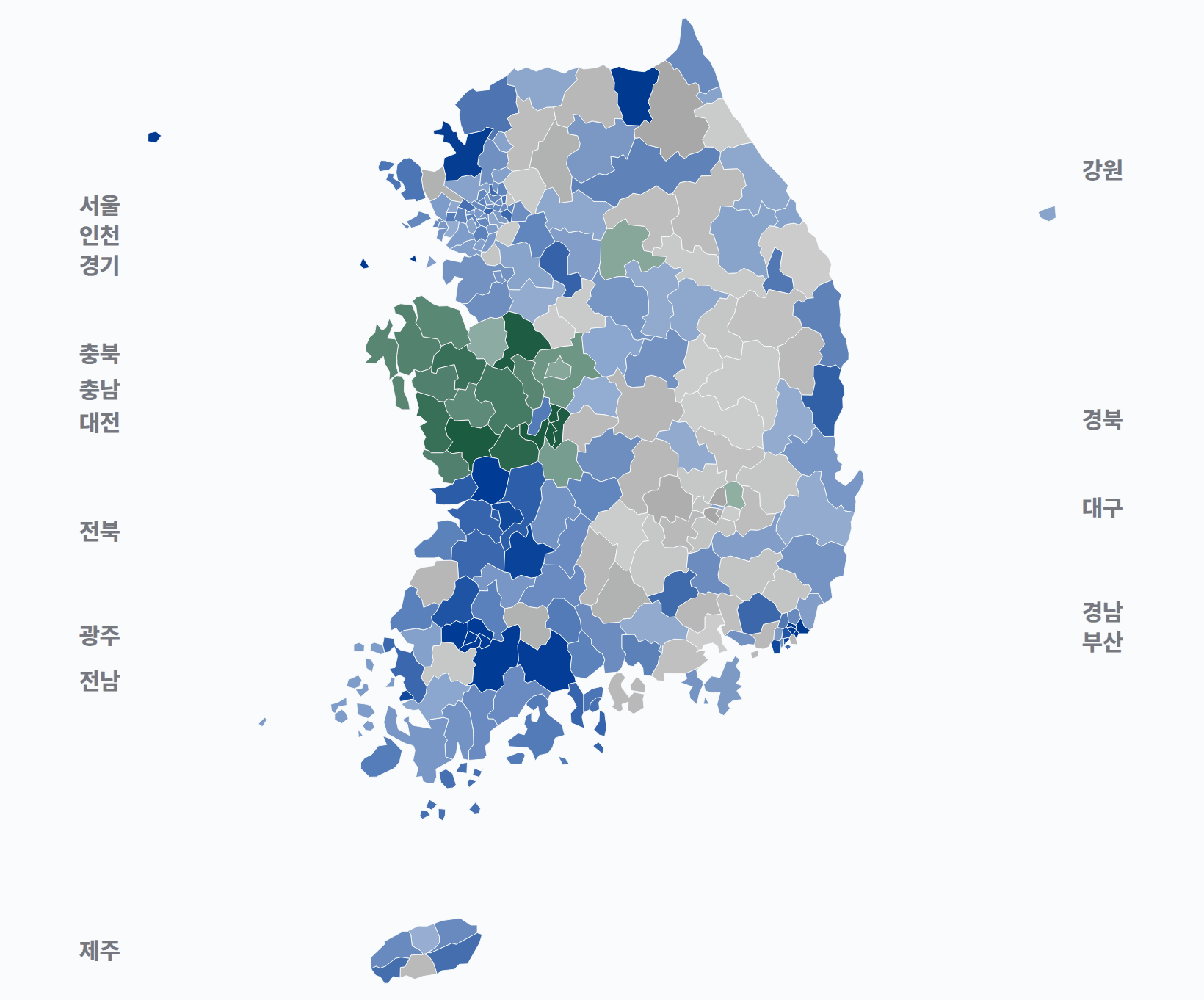 1회 지선 기초단체장 시·군·구 기초단체장 · 지도 — 1위 후보 정당색. 단색·지도=격차 명도, 격자·원형=표(인구) 비례.