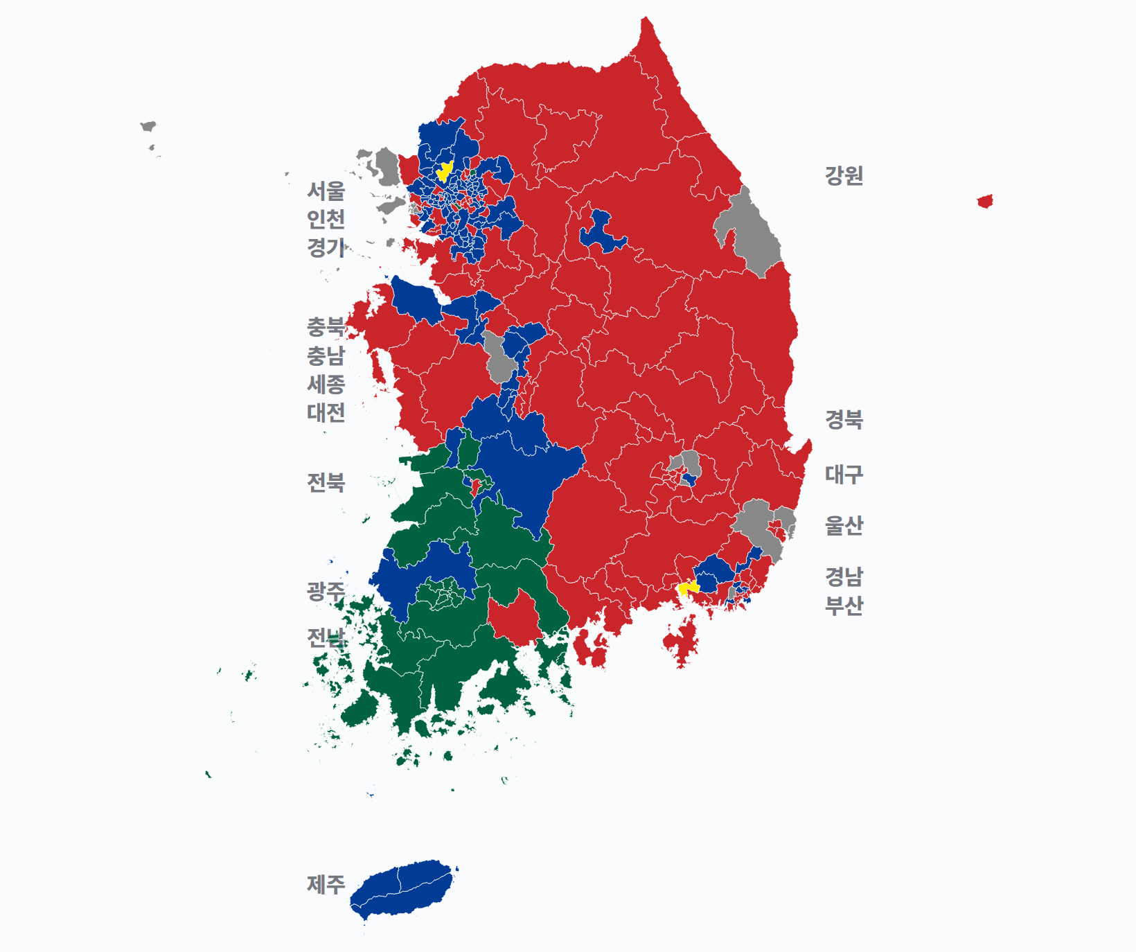 20대 총선 지역구 선거구별 1위 · 지도 — 선거구마다 당선자 정당색(승자독식). 균등=등면적 hex · 지도=실제 경계.