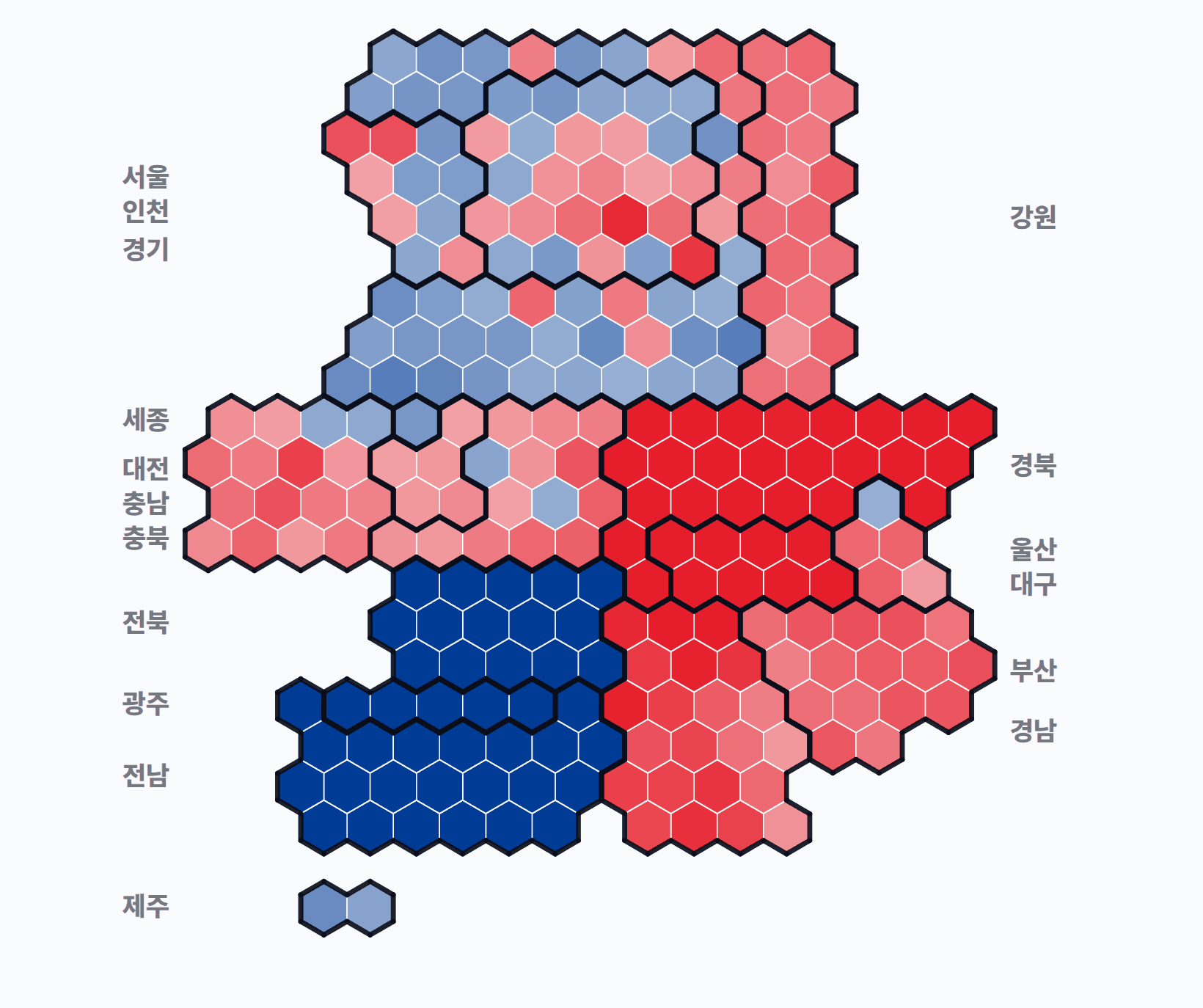 제20대 대통령선거 시·군·구 1위 후보 · 단색 — 1위 후보 정당색. 단색·지도=격차 명도, 격자·원형=표(인구) 비례.