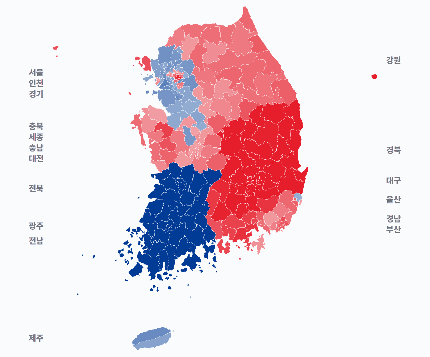 20대 대선 시·군·구 1위 후보 · 지도 — 1위 후보 정당색. 단색·지도=격차 명도, 격자·원형=표(인구) 비례.