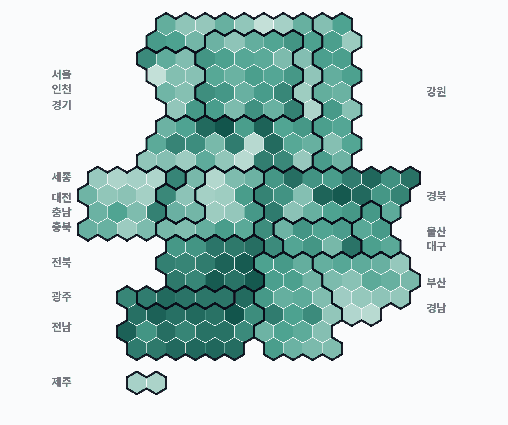 20대 대선 시군구 투표율 · 균등 — 시·군·구별 투표율(투표수/선거인수) — 짙을수록 높음. 균등=등면적 hex · 지도=실제 경계.
