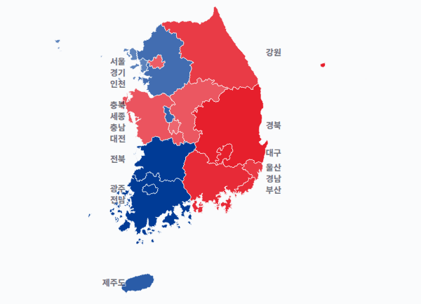 20대 대선 시도별 결과 · 지도 — 각 시·도 1위 후보 — 정당색·득표율.
