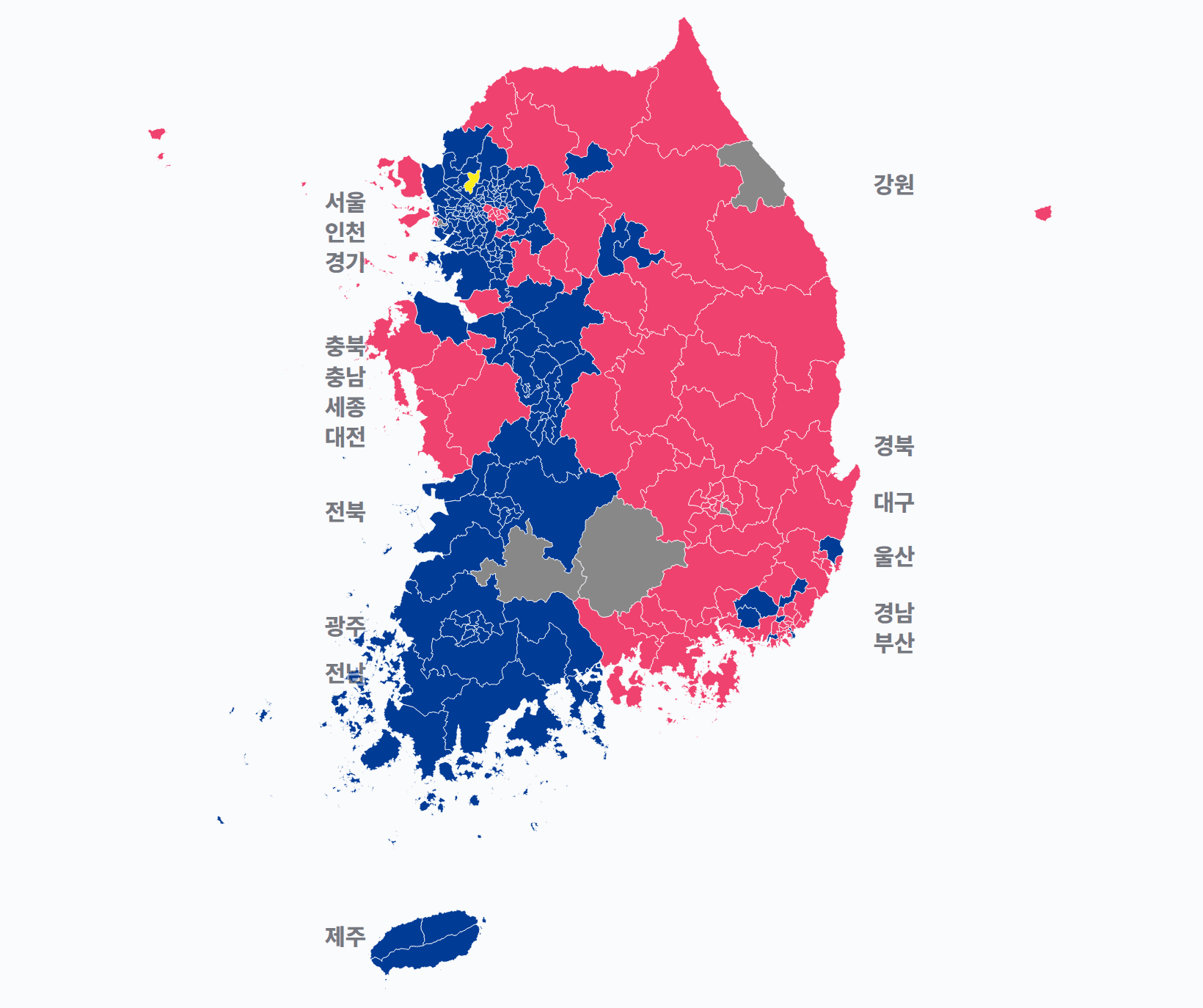 21대 총선 지역구 선거구별 1위 · 지도 — 선거구마다 당선자 정당색(승자독식). 균등=등면적 hex · 지도=실제 경계.