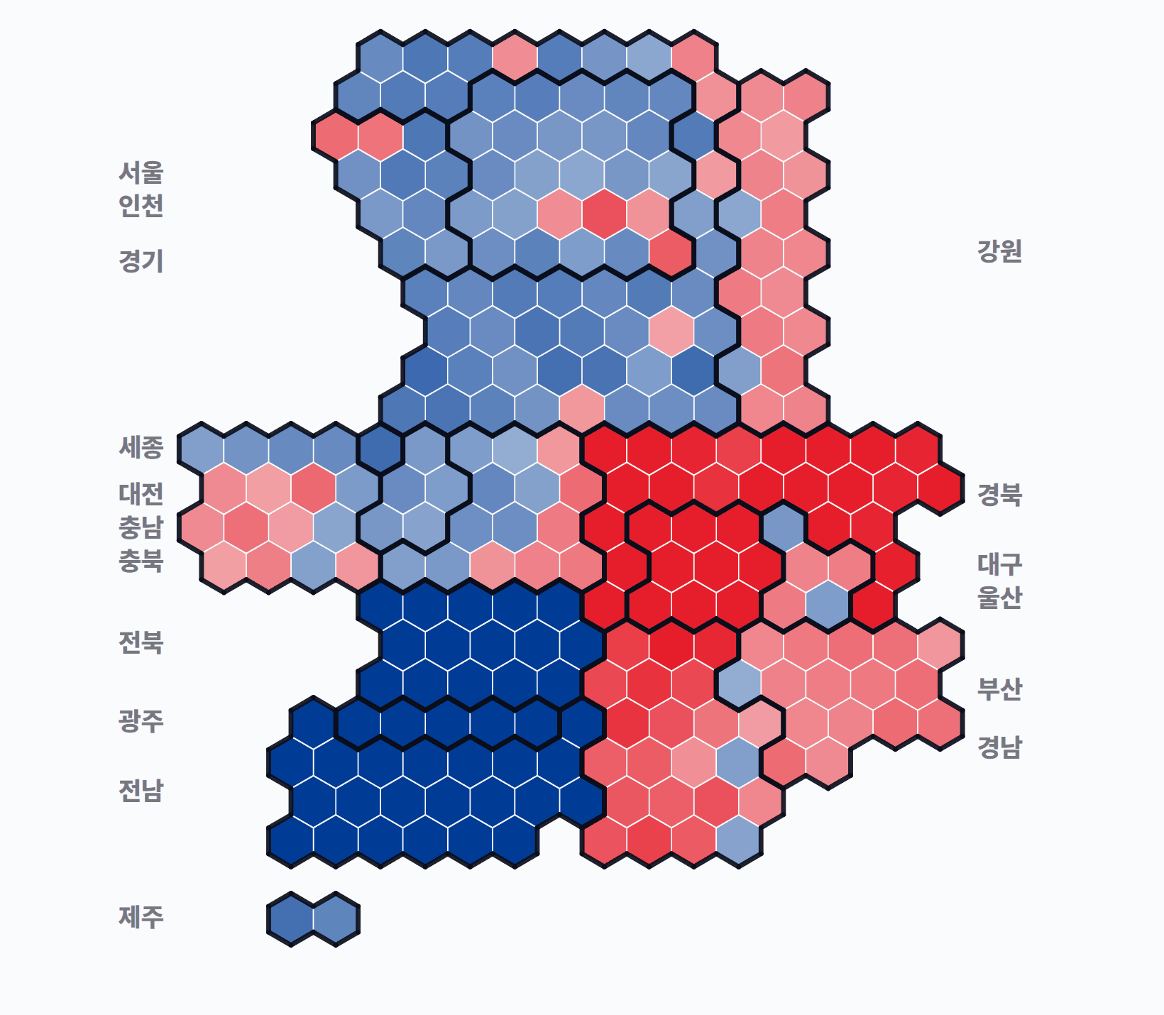 제21대 대통령선거 시·군·구 1위 후보 · 단색 — 1위 후보 정당색. 단색·지도=격차 명도, 격자·원형=표(인구) 비례.