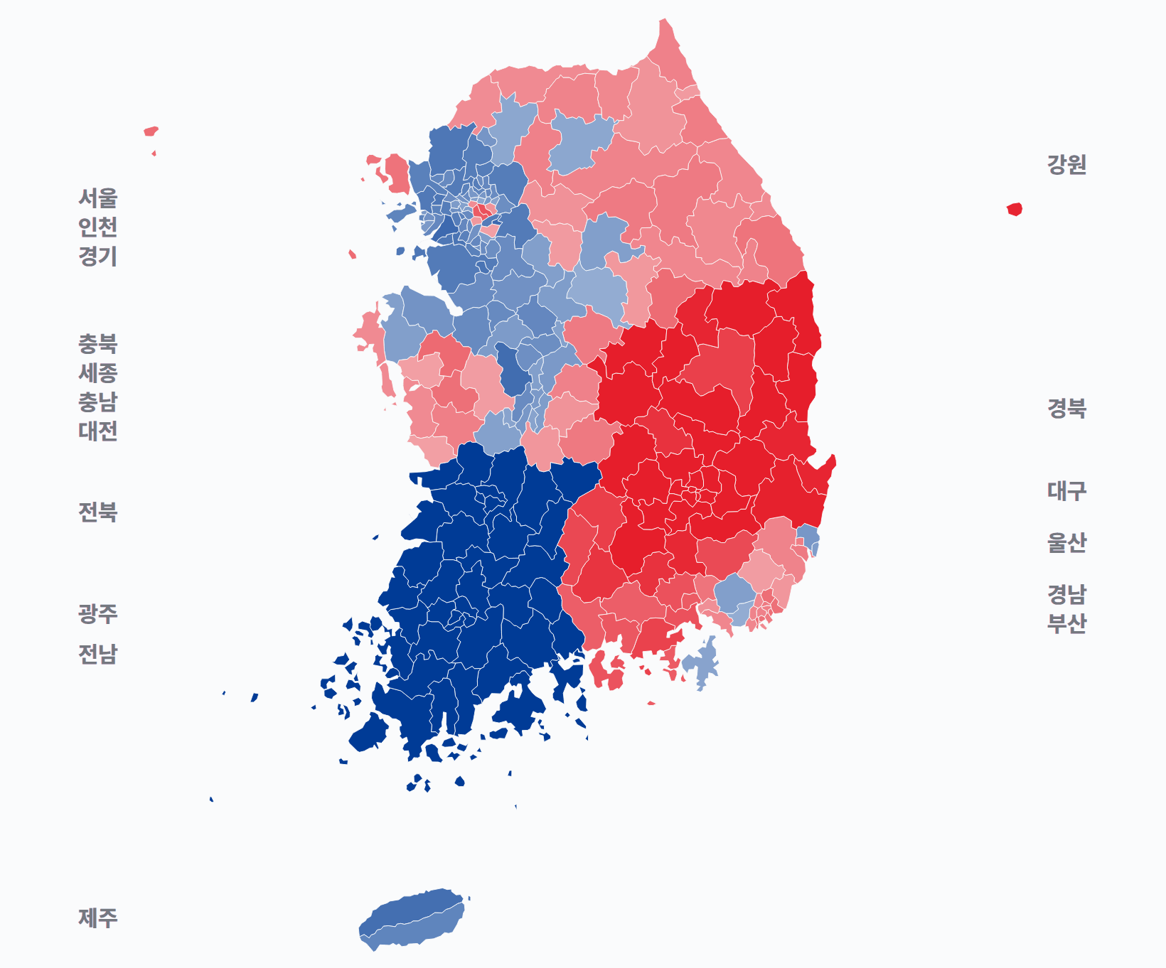 21대 대선 시·군·구 1위 후보 · 지도 — 1위 후보 정당색. 단색·지도=격차 명도, 격자·원형=표(인구) 비례.