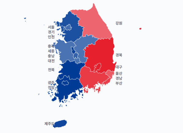 21대 대선 시도별 결과 · 지도 — 각 시·도 1위 후보 — 정당색·득표율.