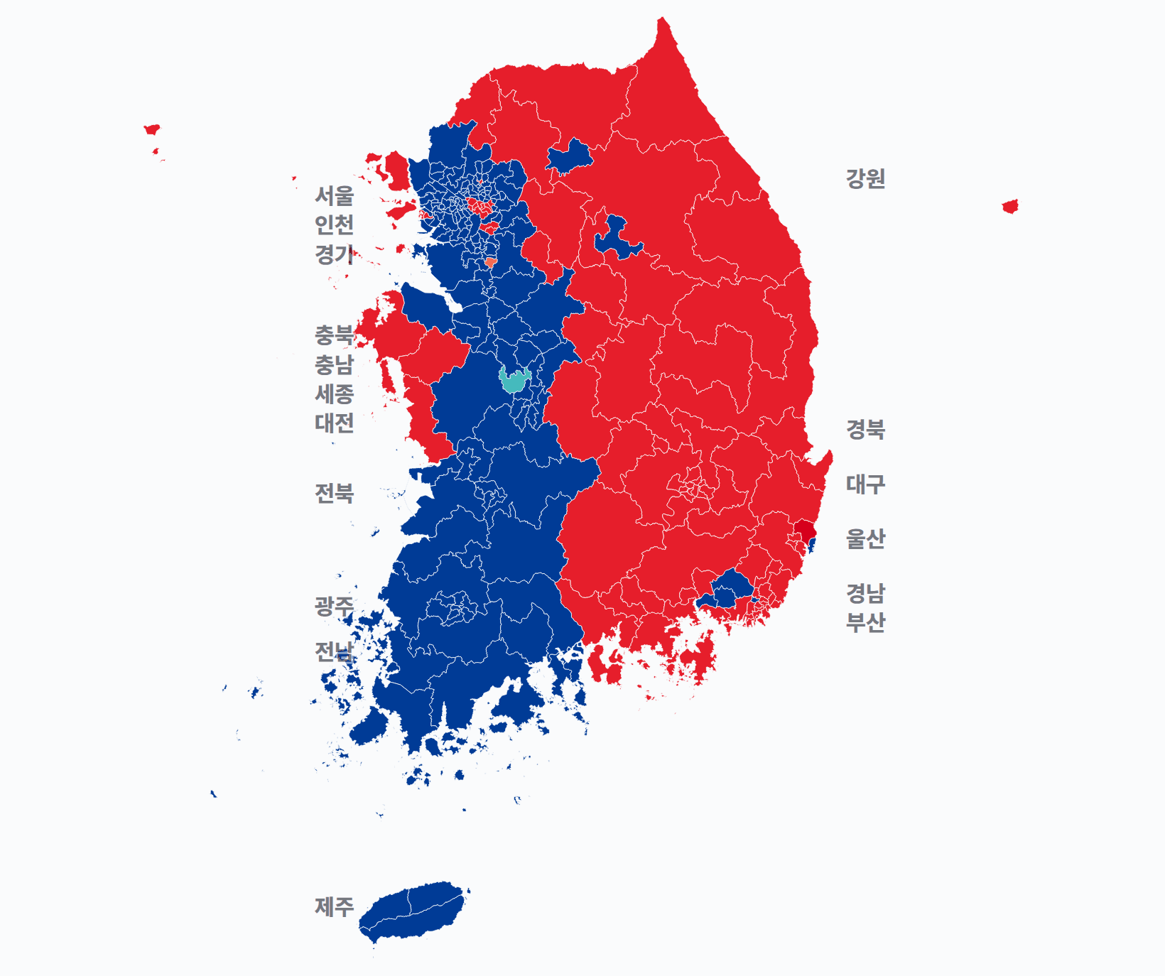 22대 총선 지역구 선거구별 1위 · 지도 — 선거구마다 당선자 정당색(승자독식). 균등=등면적 hex · 지도=실제 경계.
