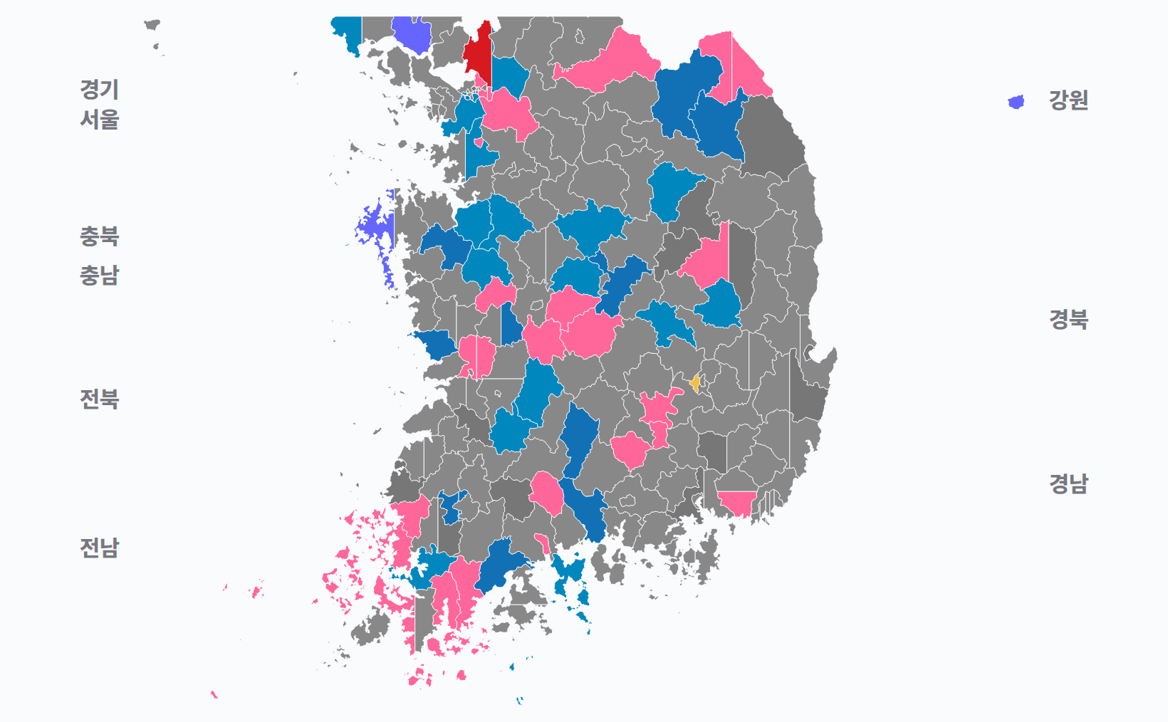 2대 총선 지역구 선거구별 1위 · 지도 — 선거구마다 당선자 정당색(승자독식). 균등=등면적 hex · 지도=실제 경계.