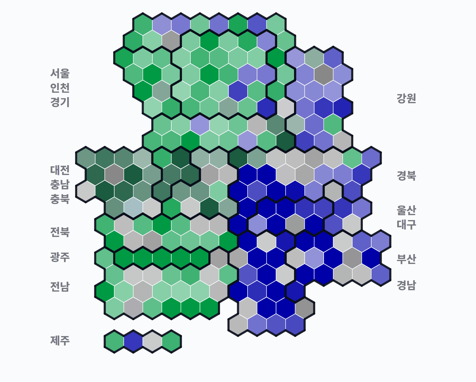 제2회 전국동시지방선거 시·군·구 기초단체장 · 단색 — 1위 후보 정당색. 단색·지도=격차 명도, 격자·원형=표(인구) 비례.