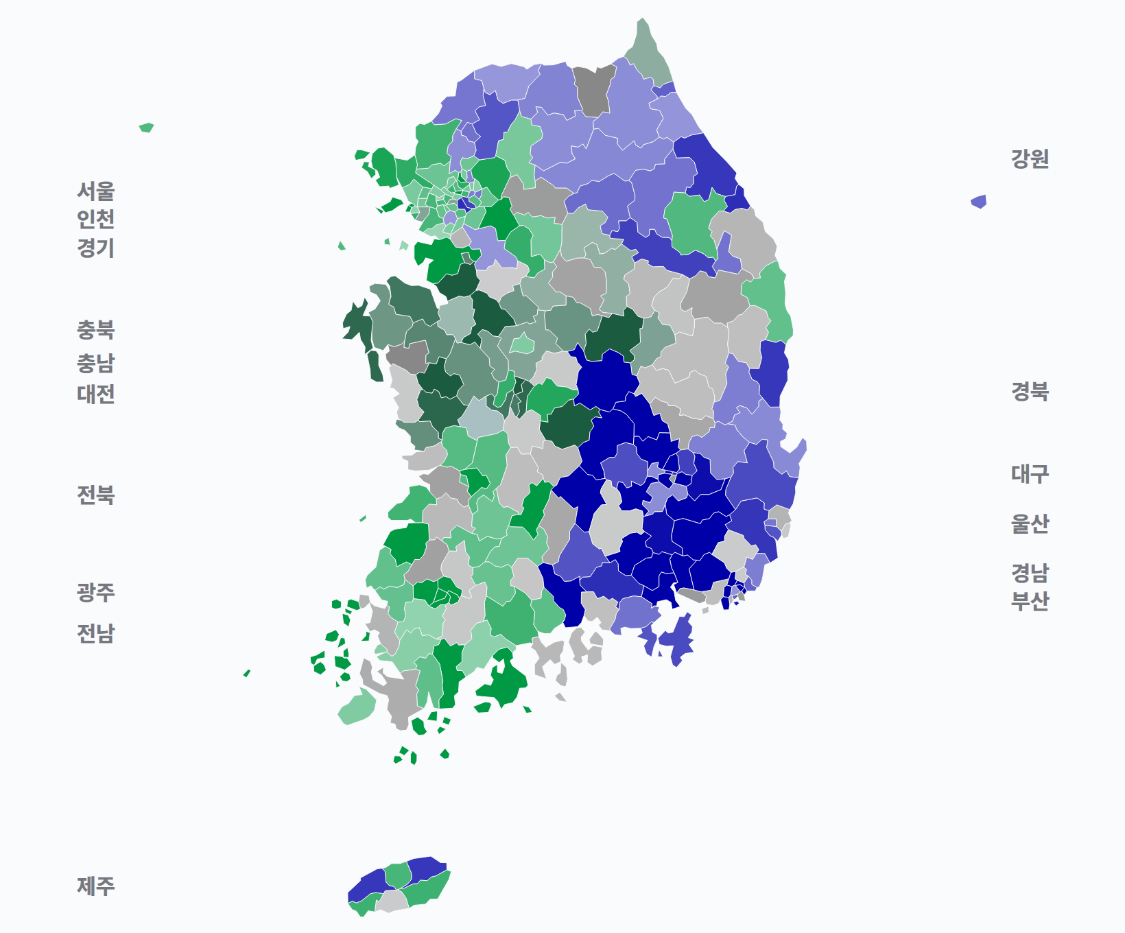 2회 지선 기초단체장 시·군·구 기초단체장 · 지도 — 1위 후보 정당색. 단색·지도=격차 명도, 격자·원형=표(인구) 비례.