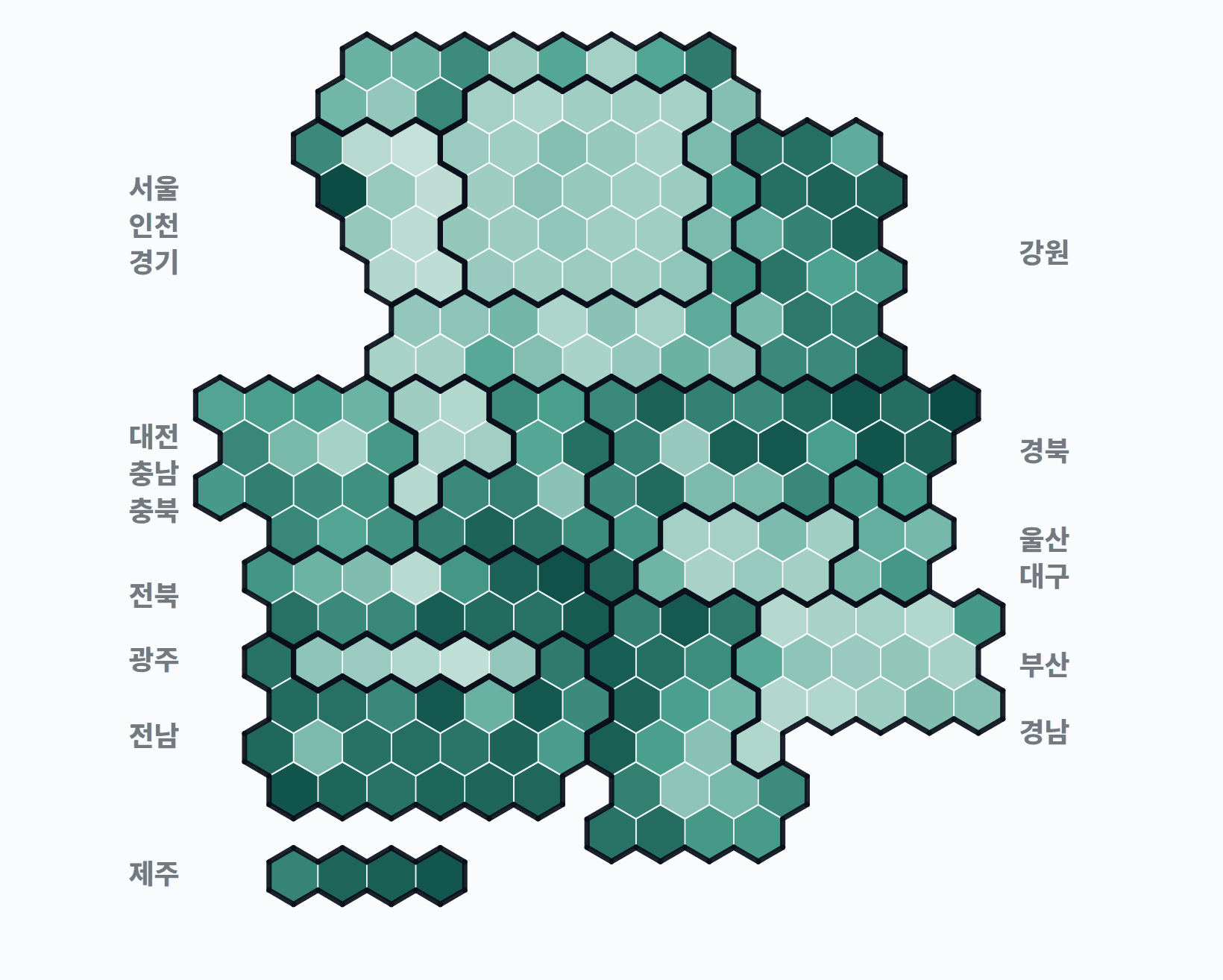 2회 지선 기초단체장 시군구 투표율 · 균등 — 시·군·구별 투표율(투표수/선거인수) — 짙을수록 높음. 균등=등면적 hex · 지도=실제 경계.
