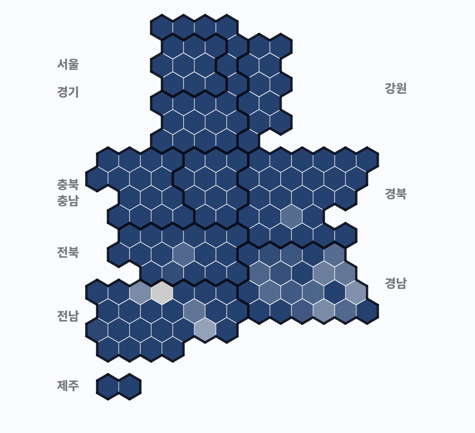 제2대 대통령선거 시·군·구 1위 후보 · 단색 — 1위 후보 정당색. 단색·지도=격차 명도, 격자·원형=표(인구) 비례.