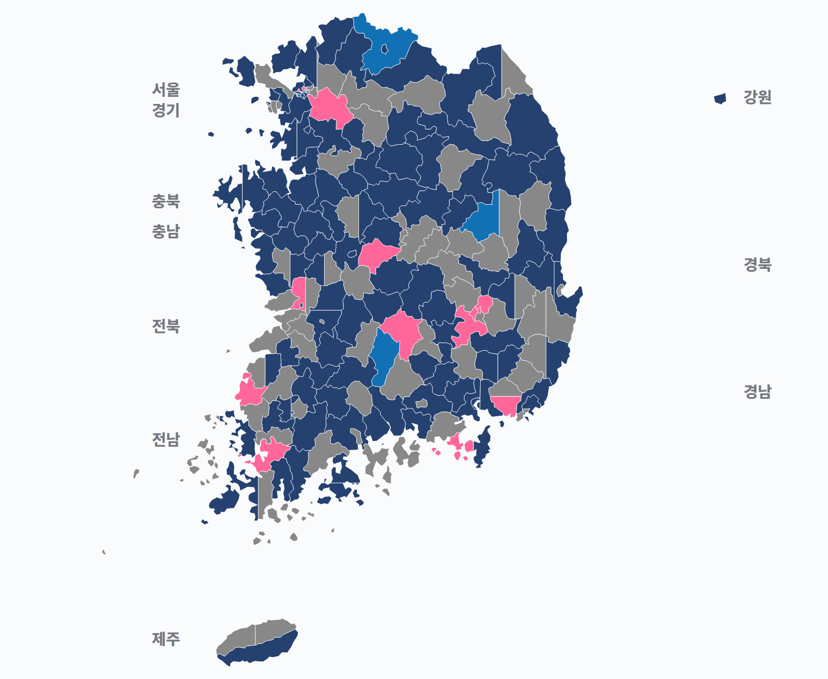 3대 총선 지역구 선거구별 1위 · 지도 — 선거구마다 당선자 정당색(승자독식). 균등=등면적 hex · 지도=실제 경계.
