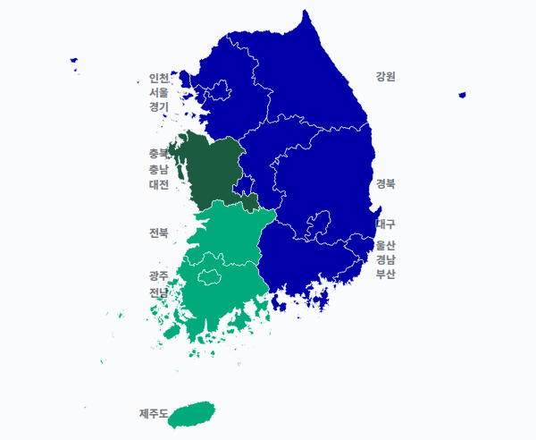 3회 지선 광역단체장 광역단체장 결과 · 지도 — 16개 시·도 — 1위 후보(정당색·득표율).