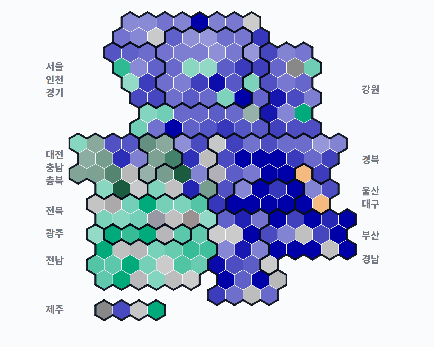 제3회 전국동시지방선거 시·군·구 기초단체장 · 단색 — 1위 후보 정당색. 단색·지도=격차 명도, 격자·원형=표(인구) 비례.