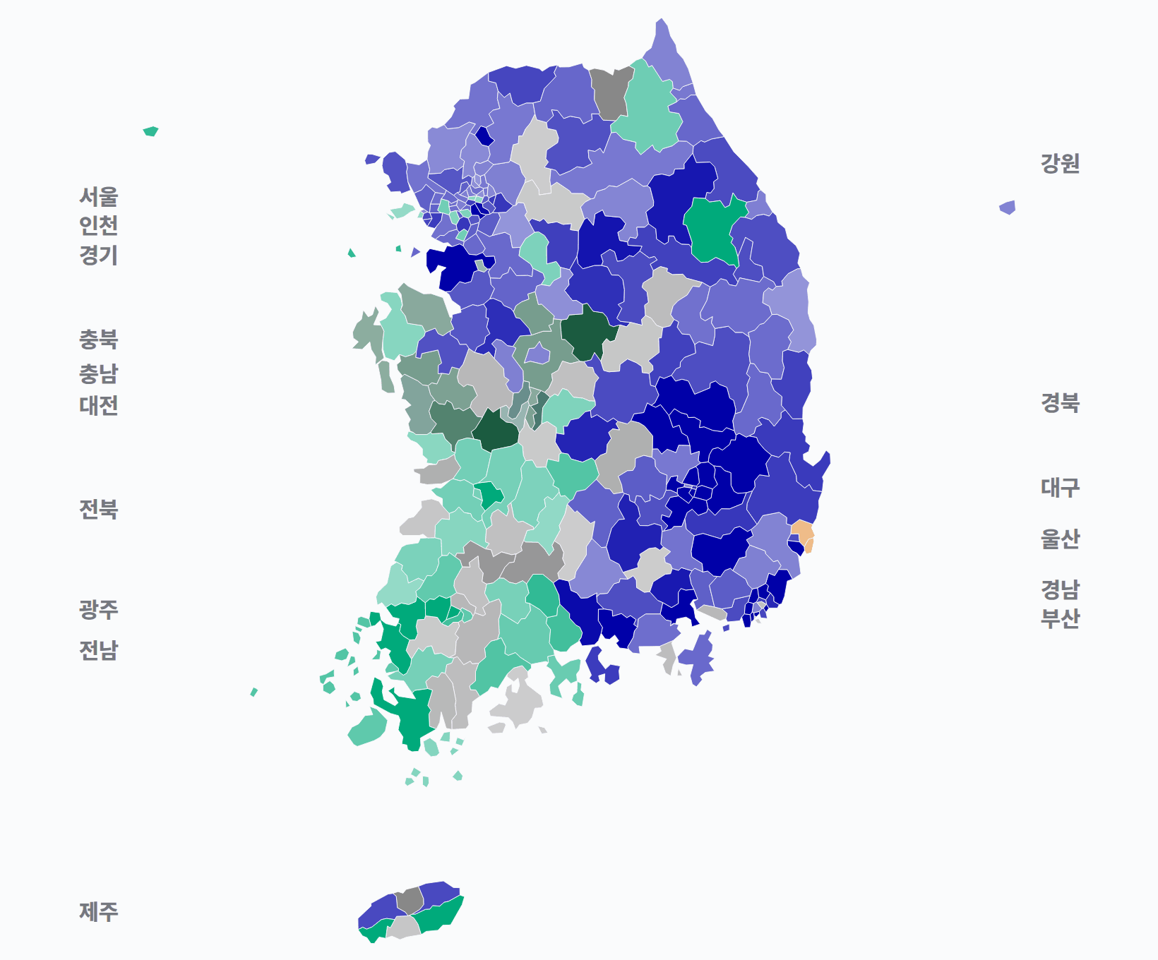 3회 지선 기초단체장 시·군·구 기초단체장 · 지도 — 1위 후보 정당색. 단색·지도=격차 명도, 격자·원형=표(인구) 비례.